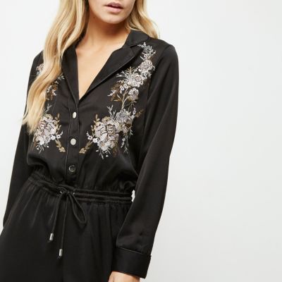 Petite black embroidered floral jumpsuit